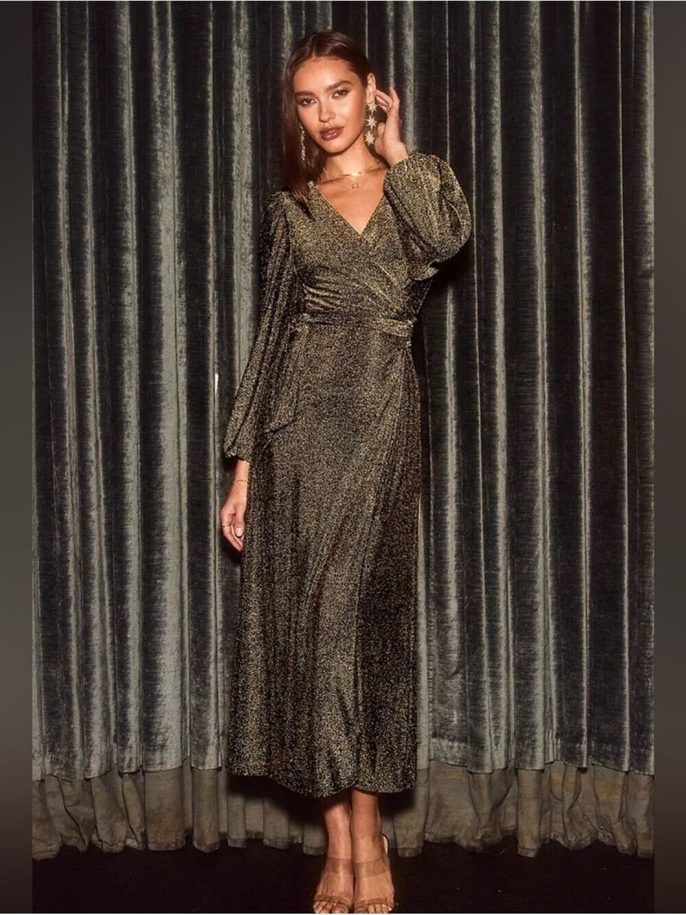 NWT Cupshe Gold Metallic Long Sleeve Surplice Wrap Dress, Size S